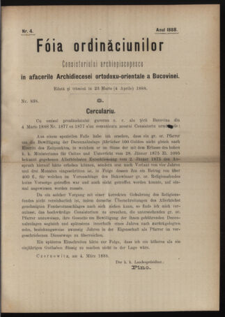 Verordnungsblatt des erzbischöfl. Konsistoriums die Angelegenheiten der orthod. -oriental. Erzdiözese der Bukowina betreffend 18880323 Seite: 1