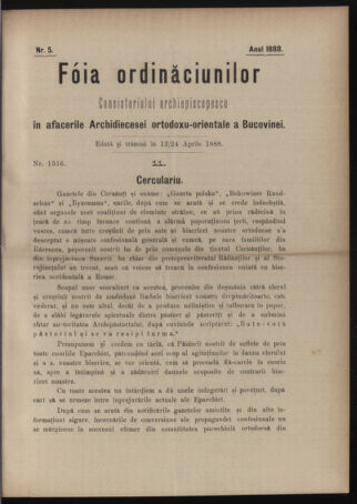 Verordnungsblatt des erzbischöfl. Konsistoriums die Angelegenheiten der orthod. -oriental. Erzdiözese der Bukowina betreffend 18880412 Seite: 1