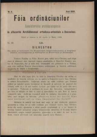 Verordnungsblatt des erzbischöfl. Konsistoriums die Angelegenheiten der orthod. -oriental. Erzdiözese der Bukowina betreffend 18880422 Seite: 1