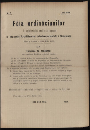 Verordnungsblatt des erzbischöfl. Konsistoriums die Angelegenheiten der orthod. -oriental. Erzdiözese der Bukowina betreffend 18880502 Seite: 1