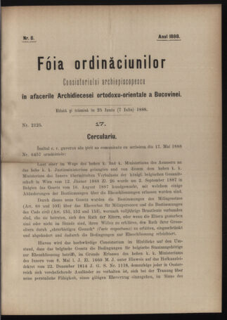 Verordnungsblatt des erzbischöfl. Konsistoriums die Angelegenheiten der orthod. -oriental. Erzdiözese der Bukowina betreffend 18880625 Seite: 1