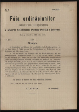 Verordnungsblatt des erzbischöfl. Konsistoriums die Angelegenheiten der orthod. -oriental. Erzdiözese der Bukowina betreffend 18880709 Seite: 1