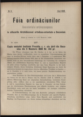 Verordnungsblatt des erzbischöfl. Konsistoriums die Angelegenheiten der orthod. -oriental. Erzdiözese der Bukowina betreffend 18881101 Seite: 1