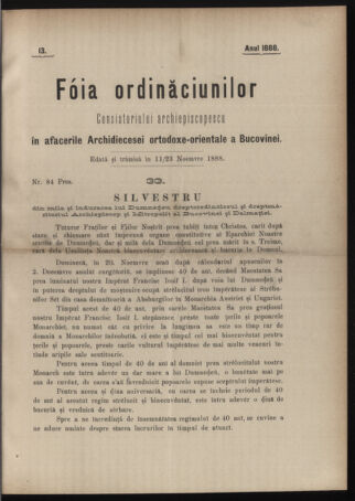 Verordnungsblatt des erzbischöfl. Konsistoriums die Angelegenheiten der orthod. -oriental. Erzdiözese der Bukowina betreffend 18881111 Seite: 1