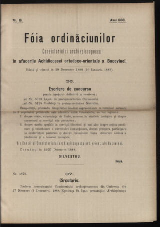 Verordnungsblatt des erzbischöfl. Konsistoriums die Angelegenheiten der orthod. -oriental. Erzdiözese der Bukowina betreffend 18881229 Seite: 1