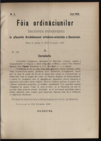 Verordnungsblatt des erzbischöfl. Konsistoriums die Angelegenheiten der orthod. -oriental. Erzdiözese der Bukowina betreffend 18890210 Seite: 1