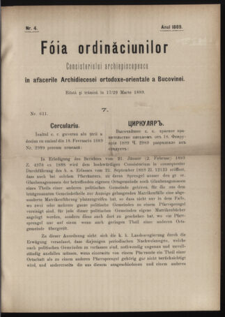 Verordnungsblatt des erzbischöfl. Konsistoriums die Angelegenheiten der orthod. -oriental. Erzdiözese der Bukowina betreffend 18890317 Seite: 1