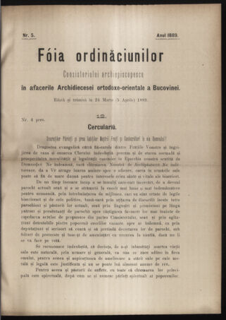 Verordnungsblatt des erzbischöfl. Konsistoriums die Angelegenheiten der orthod. -oriental. Erzdiözese der Bukowina betreffend 18890324 Seite: 1