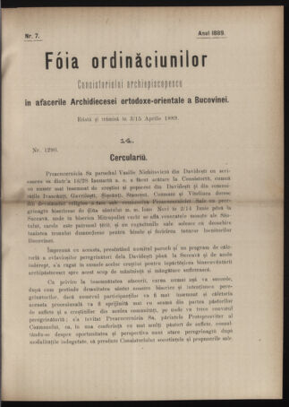 Verordnungsblatt des erzbischöfl. Konsistoriums die Angelegenheiten der orthod. -oriental. Erzdiözese der Bukowina betreffend 18890403 Seite: 1