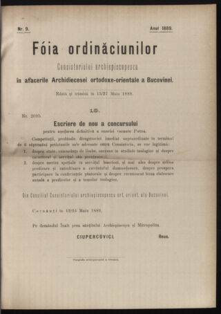 Verordnungsblatt des erzbischöfl. Konsistoriums die Angelegenheiten der orthod. -oriental. Erzdiözese der Bukowina betreffend 18890515 Seite: 1