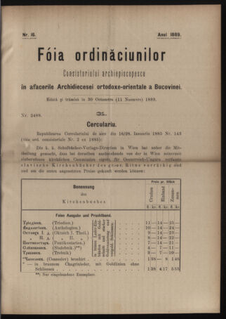 Verordnungsblatt des erzbischöfl. Konsistoriums die Angelegenheiten der orthod. -oriental. Erzdiözese der Bukowina betreffend 18891030 Seite: 1