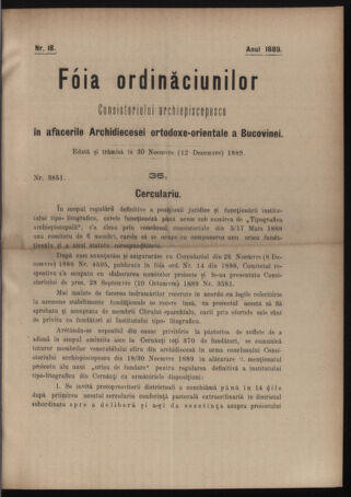 Verordnungsblatt des erzbischöfl. Konsistoriums die Angelegenheiten der orthod. -oriental. Erzdiözese der Bukowina betreffend 18891130 Seite: 1