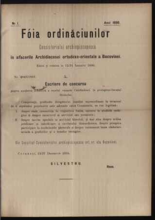 Verordnungsblatt des erzbischöfl. Konsistoriums die Angelegenheiten der orthod. -oriental. Erzdiözese der Bukowina betreffend 18900112 Seite: 1