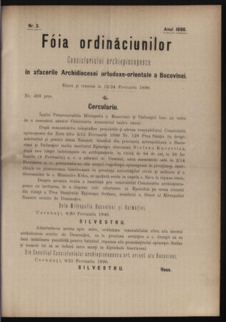 Verordnungsblatt des erzbischöfl. Konsistoriums die Angelegenheiten der orthod. -oriental. Erzdiözese der Bukowina betreffend 18900212 Seite: 1