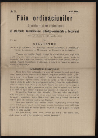 Verordnungsblatt des erzbischöfl. Konsistoriums die Angelegenheiten der orthod. -oriental. Erzdiözese der Bukowina betreffend 18900401 Seite: 1