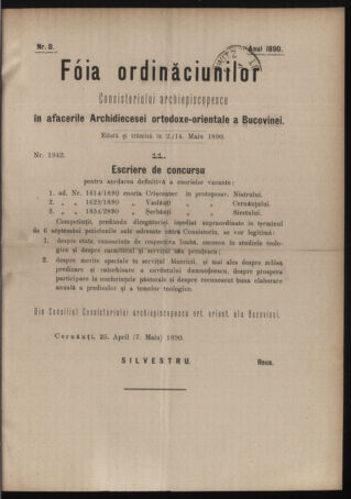 Verordnungsblatt des erzbischöfl. Konsistoriums die Angelegenheiten der orthod. -oriental. Erzdiözese der Bukowina betreffend 18900502 Seite: 1