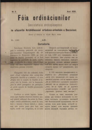 Verordnungsblatt des erzbischöfl. Konsistoriums die Angelegenheiten der orthod. -oriental. Erzdiözese der Bukowina betreffend 18900516 Seite: 1