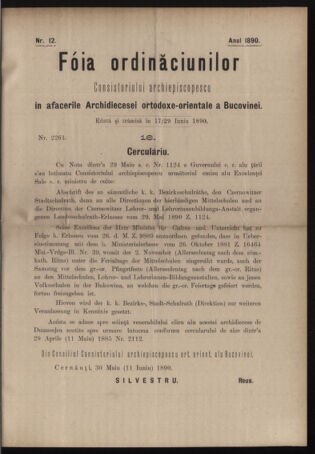 Verordnungsblatt des erzbischöfl. Konsistoriums die Angelegenheiten der orthod. -oriental. Erzdiözese der Bukowina betreffend 18900617 Seite: 1