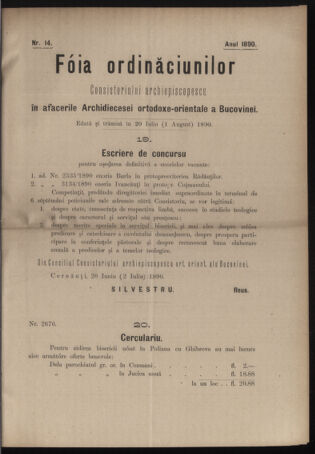 Verordnungsblatt des erzbischöfl. Konsistoriums die Angelegenheiten der orthod. -oriental. Erzdiözese der Bukowina betreffend 18900720 Seite: 1