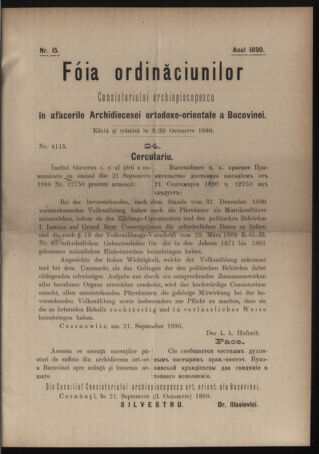 Verordnungsblatt des erzbischöfl. Konsistoriums die Angelegenheiten der orthod. -oriental. Erzdiözese der Bukowina betreffend 18901008 Seite: 1