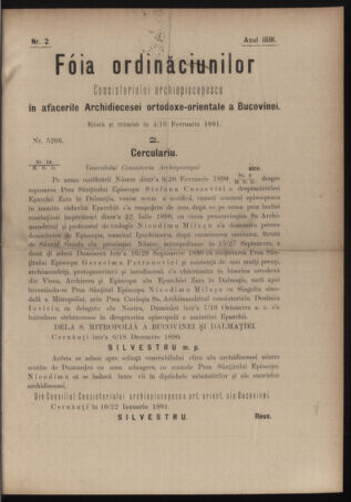 Verordnungsblatt des erzbischöfl. Konsistoriums die Angelegenheiten der orthod. -oriental. Erzdiözese der Bukowina betreffend 18910204 Seite: 1