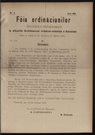 Verordnungsblatt des erzbischöfl. Konsistoriums die Angelegenheiten der orthod. -oriental. Erzdiözese der Bukowina betreffend 18910221 Seite: 1