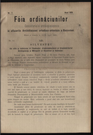 Verordnungsblatt des erzbischöfl. Konsistoriums die Angelegenheiten der orthod. -oriental. Erzdiözese der Bukowina betreffend 18910418 Seite: 1