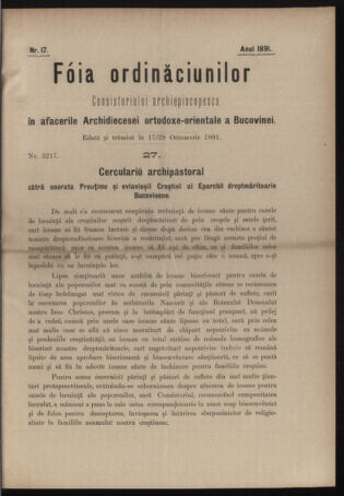 Verordnungsblatt des erzbischöfl. Konsistoriums die Angelegenheiten der orthod. -oriental. Erzdiözese der Bukowina betreffend 18911017 Seite: 1