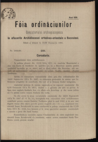 Verordnungsblatt des erzbischöfl. Konsistoriums die Angelegenheiten der orthod. -oriental. Erzdiözese der Bukowina betreffend 18911218 Seite: 1