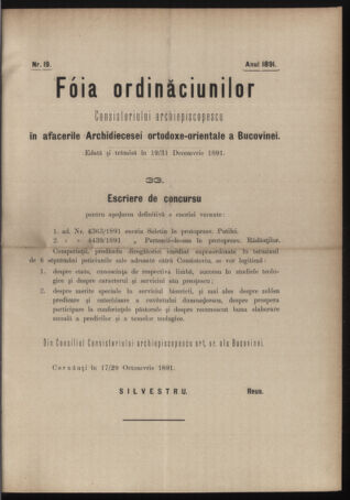 Verordnungsblatt des erzbischöfl. Konsistoriums die Angelegenheiten der orthod. -oriental. Erzdiözese der Bukowina betreffend 18911219 Seite: 1