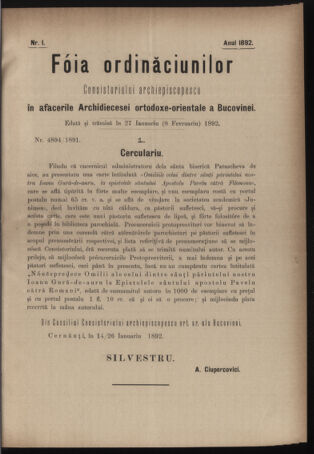 Verordnungsblatt des erzbischöfl. Konsistoriums die Angelegenheiten der orthod. -oriental. Erzdiözese der Bukowina betreffend 18920127 Seite: 1