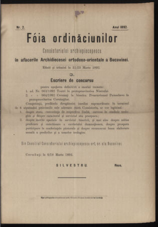 Verordnungsblatt des erzbischöfl. Konsistoriums die Angelegenheiten der orthod. -oriental. Erzdiözese der Bukowina betreffend 18920311 Seite: 1