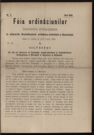 Verordnungsblatt des erzbischöfl. Konsistoriums die Angelegenheiten der orthod. -oriental. Erzdiözese der Bukowina betreffend 18920401 Seite: 1