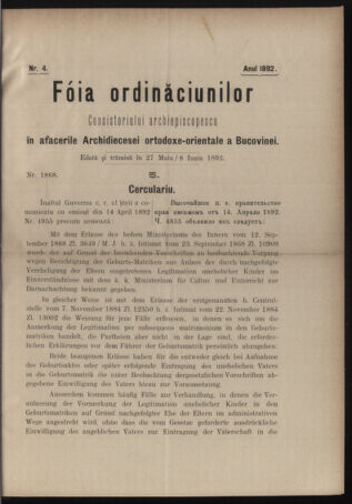 Verordnungsblatt des erzbischöfl. Konsistoriums die Angelegenheiten der orthod. -oriental. Erzdiözese der Bukowina betreffend 18920527 Seite: 1