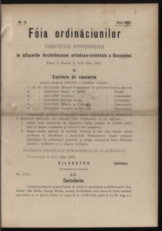 Verordnungsblatt des erzbischöfl. Konsistoriums die Angelegenheiten der orthod. -oriental. Erzdiözese der Bukowina betreffend 18920708 Seite: 1