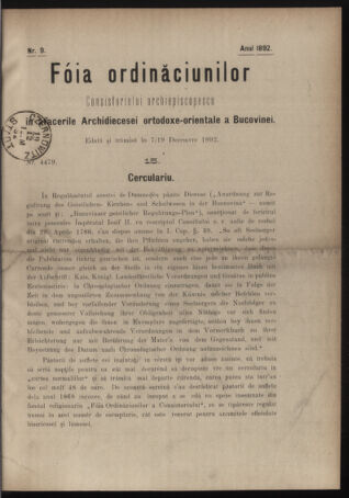 Verordnungsblatt des erzbischöfl. Konsistoriums die Angelegenheiten der orthod. -oriental. Erzdiözese der Bukowina betreffend 18921207 Seite: 1