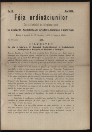 Verordnungsblatt des erzbischöfl. Konsistoriums die Angelegenheiten der orthod. -oriental. Erzdiözese der Bukowina betreffend 18921222 Seite: 1