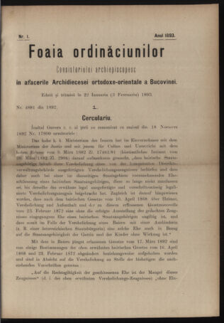 Verordnungsblatt des erzbischöfl. Konsistoriums die Angelegenheiten der orthod. -oriental. Erzdiözese der Bukowina betreffend 18930122 Seite: 1