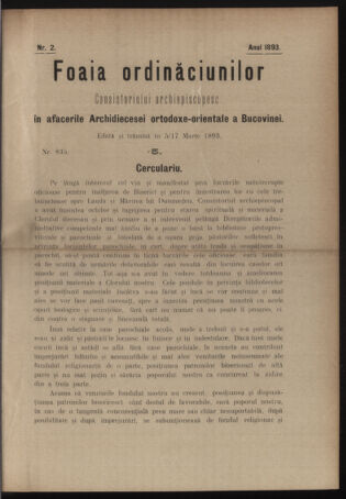 Verordnungsblatt des erzbischöfl. Konsistoriums die Angelegenheiten der orthod. -oriental. Erzdiözese der Bukowina betreffend 18930305 Seite: 1