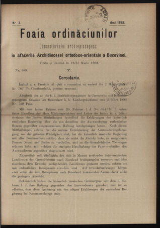 Verordnungsblatt des erzbischöfl. Konsistoriums die Angelegenheiten der orthod. -oriental. Erzdiözese der Bukowina betreffend 18930319 Seite: 1