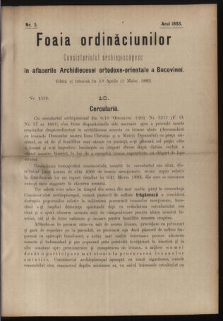 Verordnungsblatt des erzbischöfl. Konsistoriums die Angelegenheiten der orthod. -oriental. Erzdiözese der Bukowina betreffend 18930419 Seite: 1