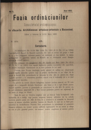 Verordnungsblatt des erzbischöfl. Konsistoriums die Angelegenheiten der orthod. -oriental. Erzdiözese der Bukowina betreffend 18930510 Seite: 1