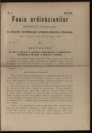 Verordnungsblatt des erzbischöfl. Konsistoriums die Angelegenheiten der orthod. -oriental. Erzdiözese der Bukowina betreffend 18930525 Seite: 1