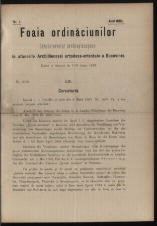 Verordnungsblatt des erzbischöfl. Konsistoriums die Angelegenheiten der orthod. -oriental. Erzdiözese der Bukowina betreffend 18930607 Seite: 1