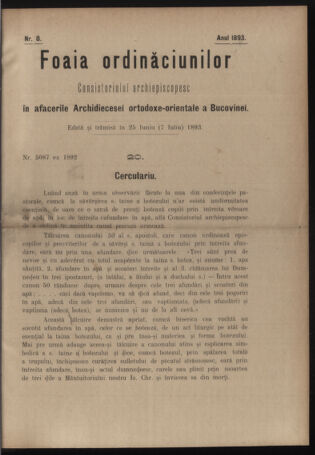 Verordnungsblatt des erzbischöfl. Konsistoriums die Angelegenheiten der orthod. -oriental. Erzdiözese der Bukowina betreffend 18930625 Seite: 1