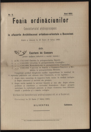 Verordnungsblatt des erzbischöfl. Konsistoriums die Angelegenheiten der orthod. -oriental. Erzdiözese der Bukowina betreffend 18930626 Seite: 1