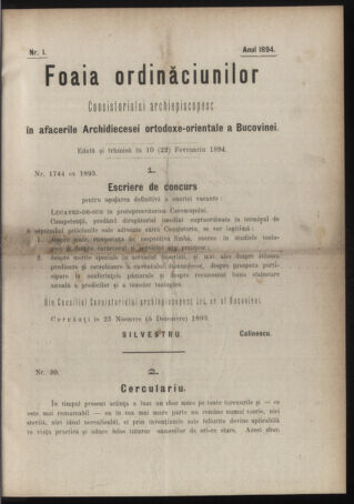 Verordnungsblatt des erzbischöfl. Konsistoriums die Angelegenheiten der orthod. -oriental. Erzdiözese der Bukowina betreffend 18940210 Seite: 1