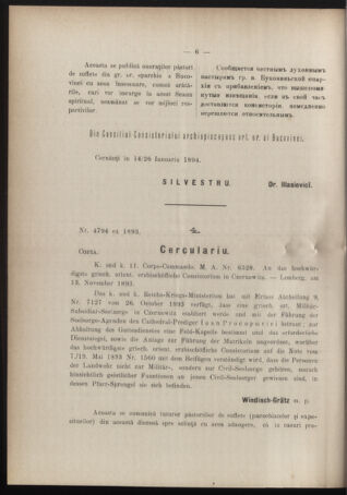 Verordnungsblatt des erzbischöfl. Konsistoriums die Angelegenheiten der orthod. -oriental. Erzdiözese der Bukowina betreffend 18940210 Seite: 6