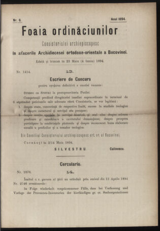 Verordnungsblatt des erzbischöfl. Konsistoriums die Angelegenheiten der orthod. -oriental. Erzdiözese der Bukowina betreffend 18940523 Seite: 1