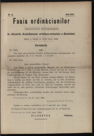 Verordnungsblatt des erzbischöfl. Konsistoriums die Angelegenheiten der orthod. -oriental. Erzdiözese der Bukowina betreffend 18940618 Seite: 1